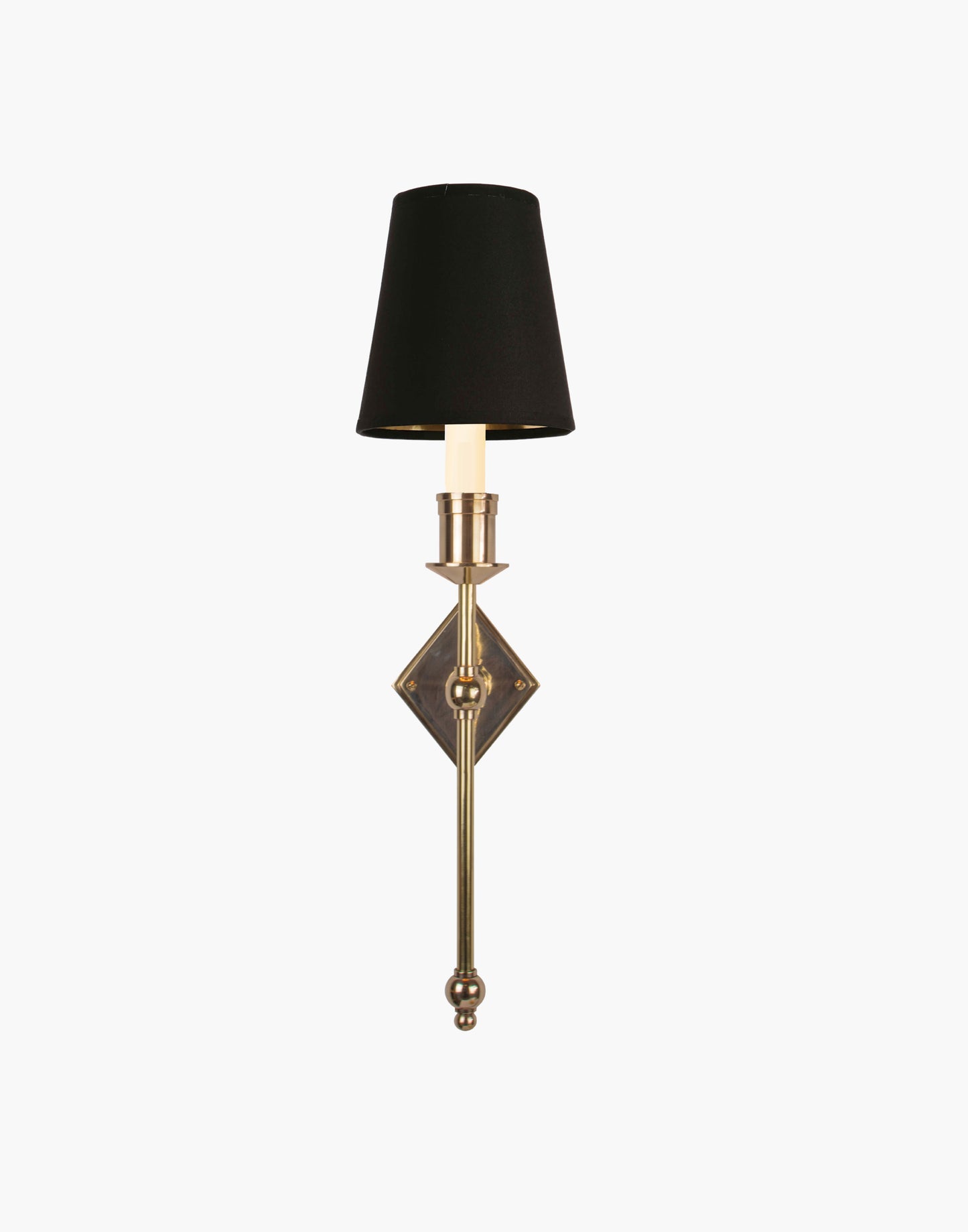 Wall sconce in cast and machined brass with diamond-shaped scalloped backplate and optional shade.