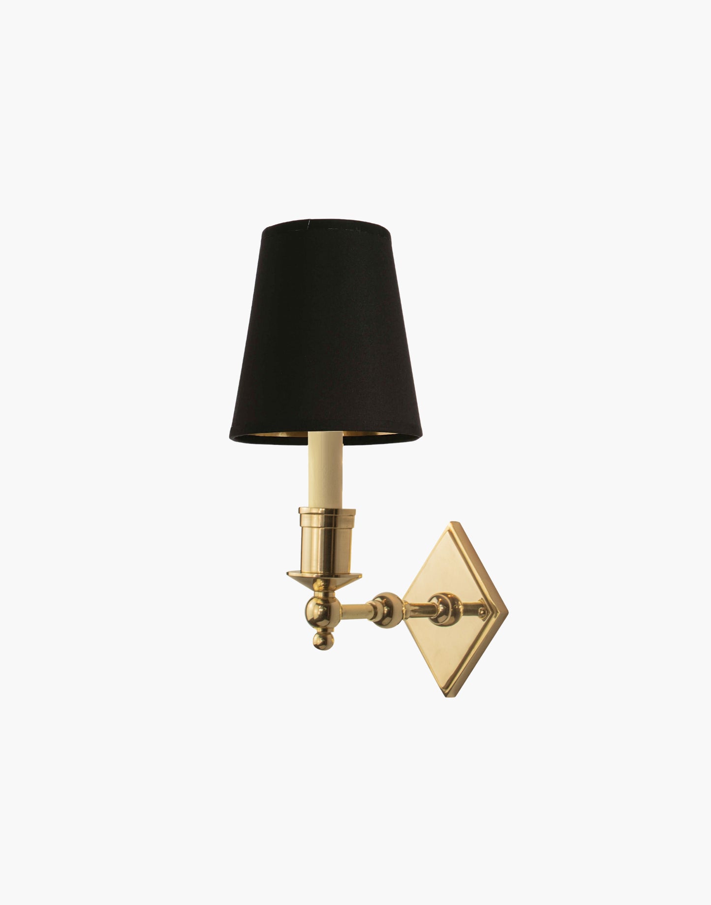 Brass wall sconce with diamond-shaped scalloped backplate and optional shade, cast and machined brass wall light.