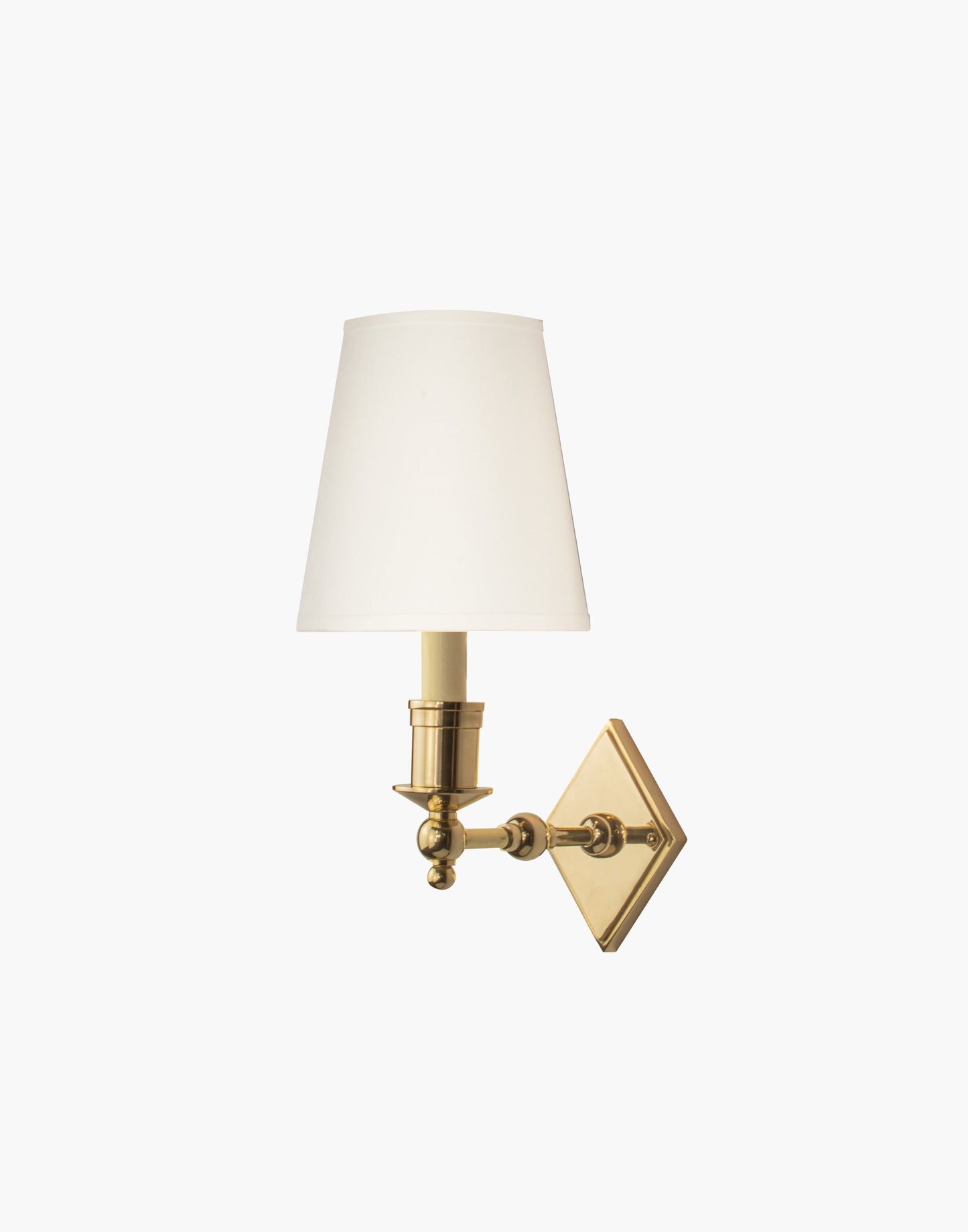 Brass wall sconce with diamond-shaped scalloped backplate and optional shade, cast and machined brass wall light.