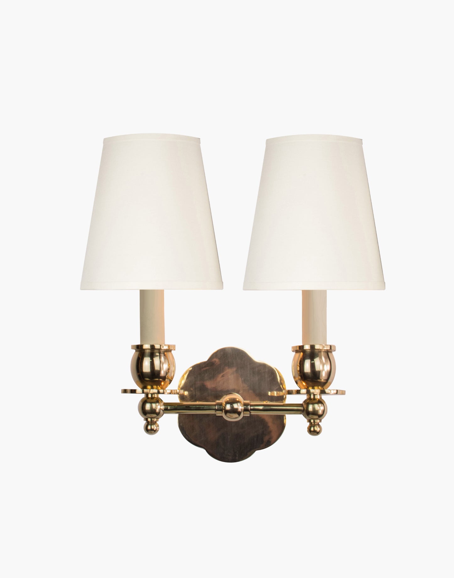 Twin Wall Sconce in solid brass with petal-shaped backplate and optional D6/D6G shades, transitional style for traditional and contemporary interiors.