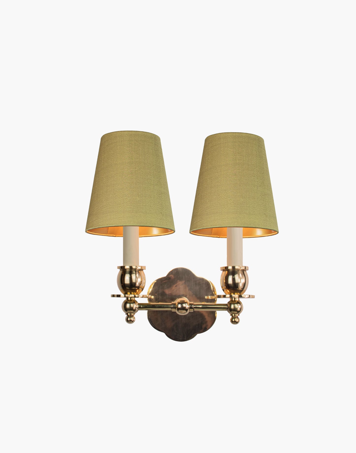 Twin Wall Sconce in solid brass with petal-shaped backplate and optional D6/D6G shades, transitional style for traditional and contemporary interiors.