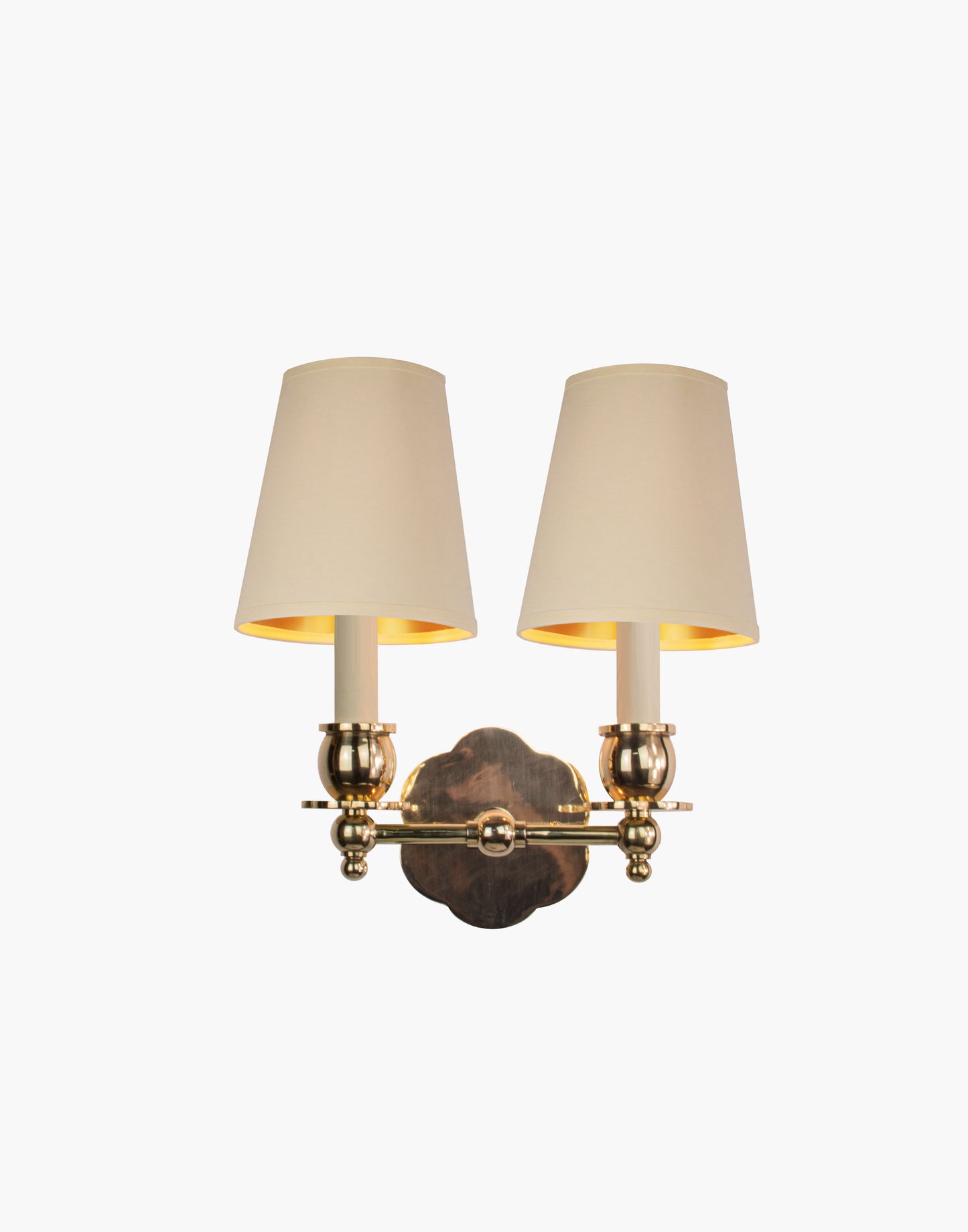 Twin Wall Sconce in solid brass with petal-shaped backplate and optional D6/D6G shades, transitional style for traditional and contemporary interiors.