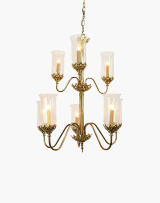 Gothic Eight Arm Chandelier in cast brass, inspired by a 19th-century chandelier from County Cork, Ireland. Includes Clear Storm Glasses, 19.5″ of chain, and ceiling hook, ideal as a statement centerpiece in historic or private residences.