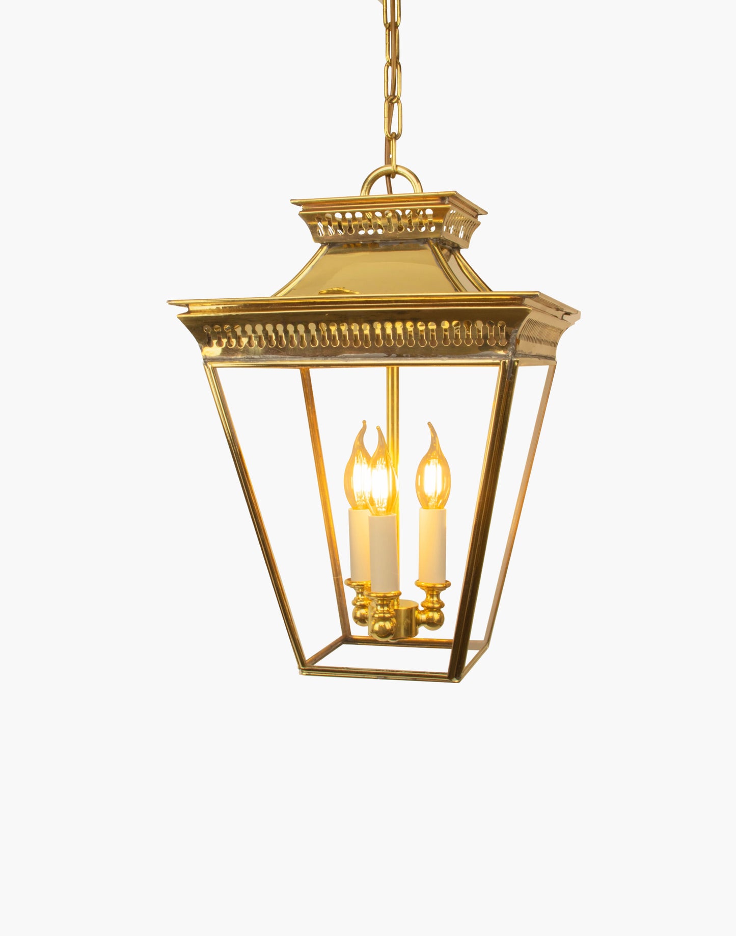 Pendant in solid brass with two-tier pierced fretwork and pagoda roof design, 3-light damp-rated hanging lantern