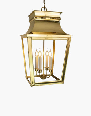 Extra-large Parisienne Hanging Lantern in solid brass with intricate fretwork, inspired by classic French architecture. Perfect for entrance porches and grand hallways. Includes 19.5″ chain and ceiling plate, with extra chain available.