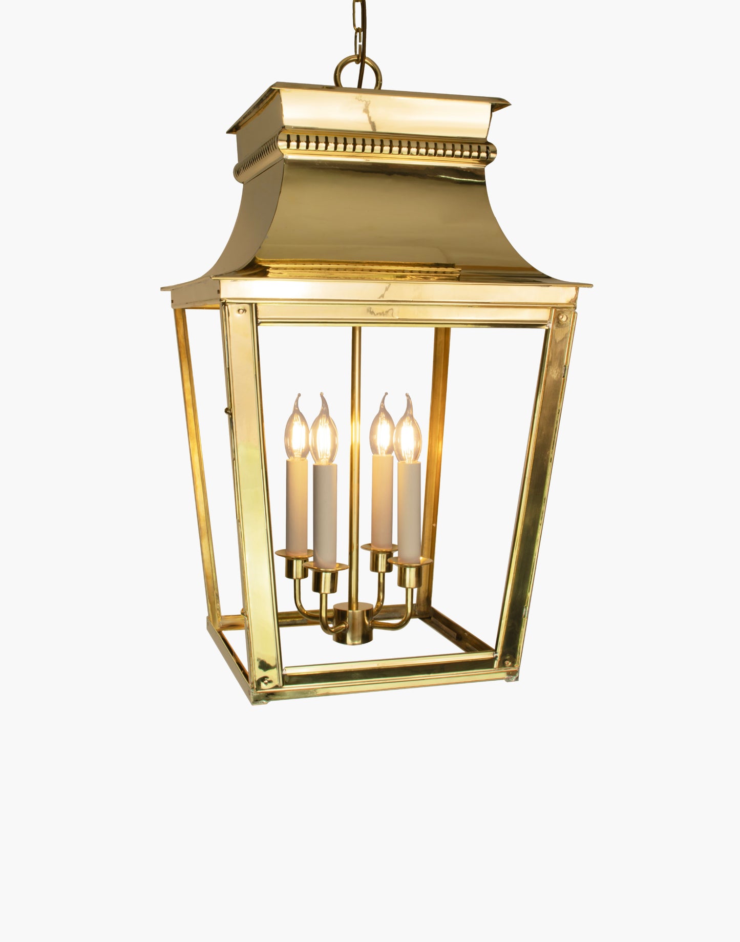 Hanging lantern in solid brass with intricate fretwork, French-inspired damp-rated porch or hallway pendant.