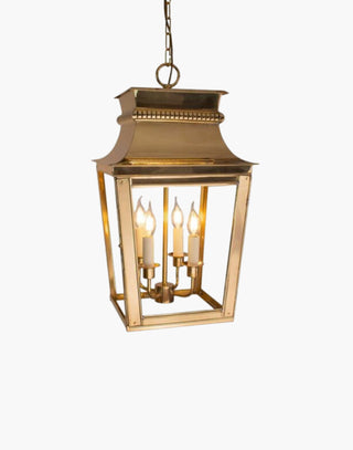 Large Parisienne Hanging Lantern in solid brass with intricate fretwork, inspired by classic French architecture. Perfect for grand hallways and entrance porches.