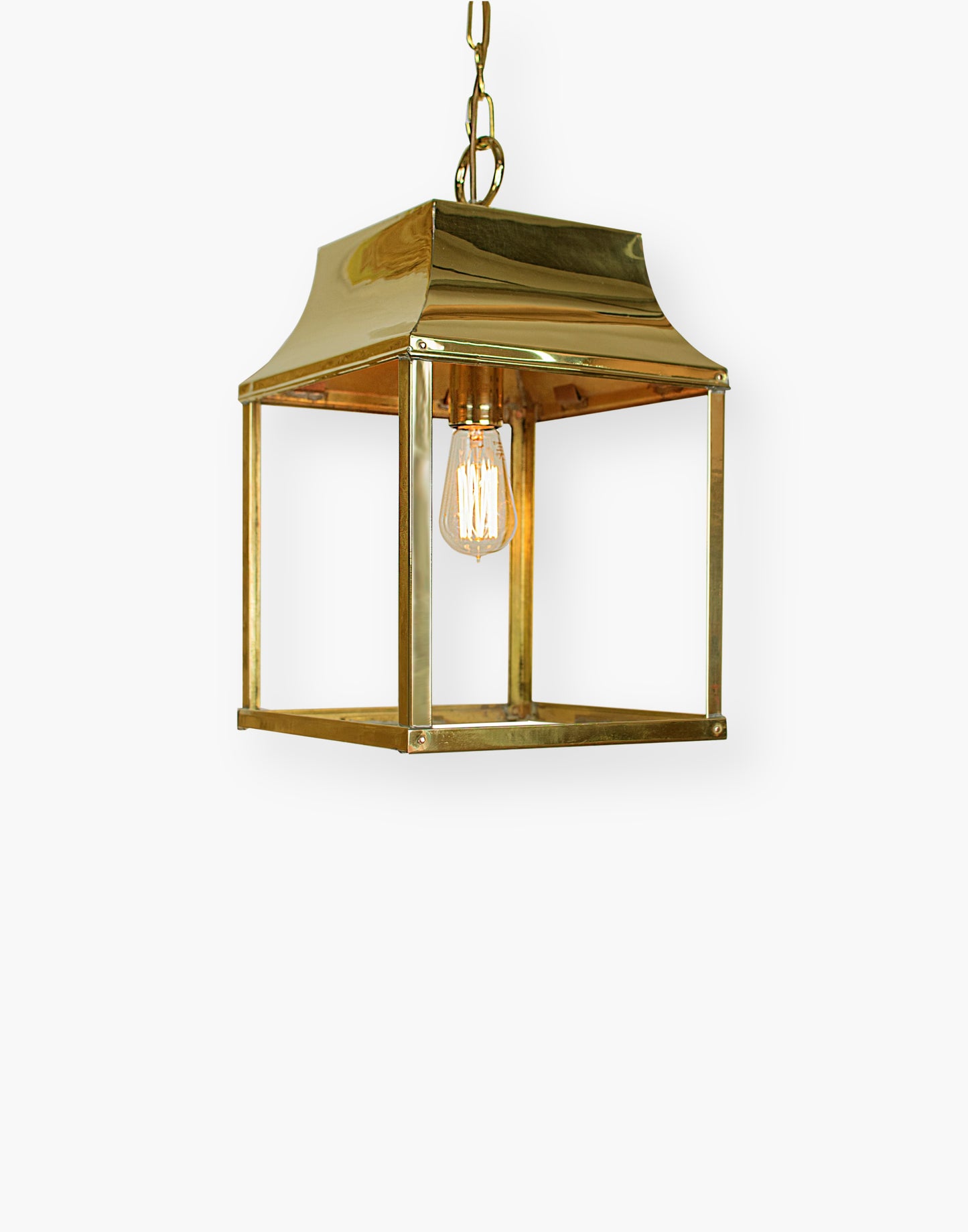 Hanging Lantern in solid brass, French farmhouse style, suitable for porch, hallway, or stairwell, part of a three-size lantern collection.