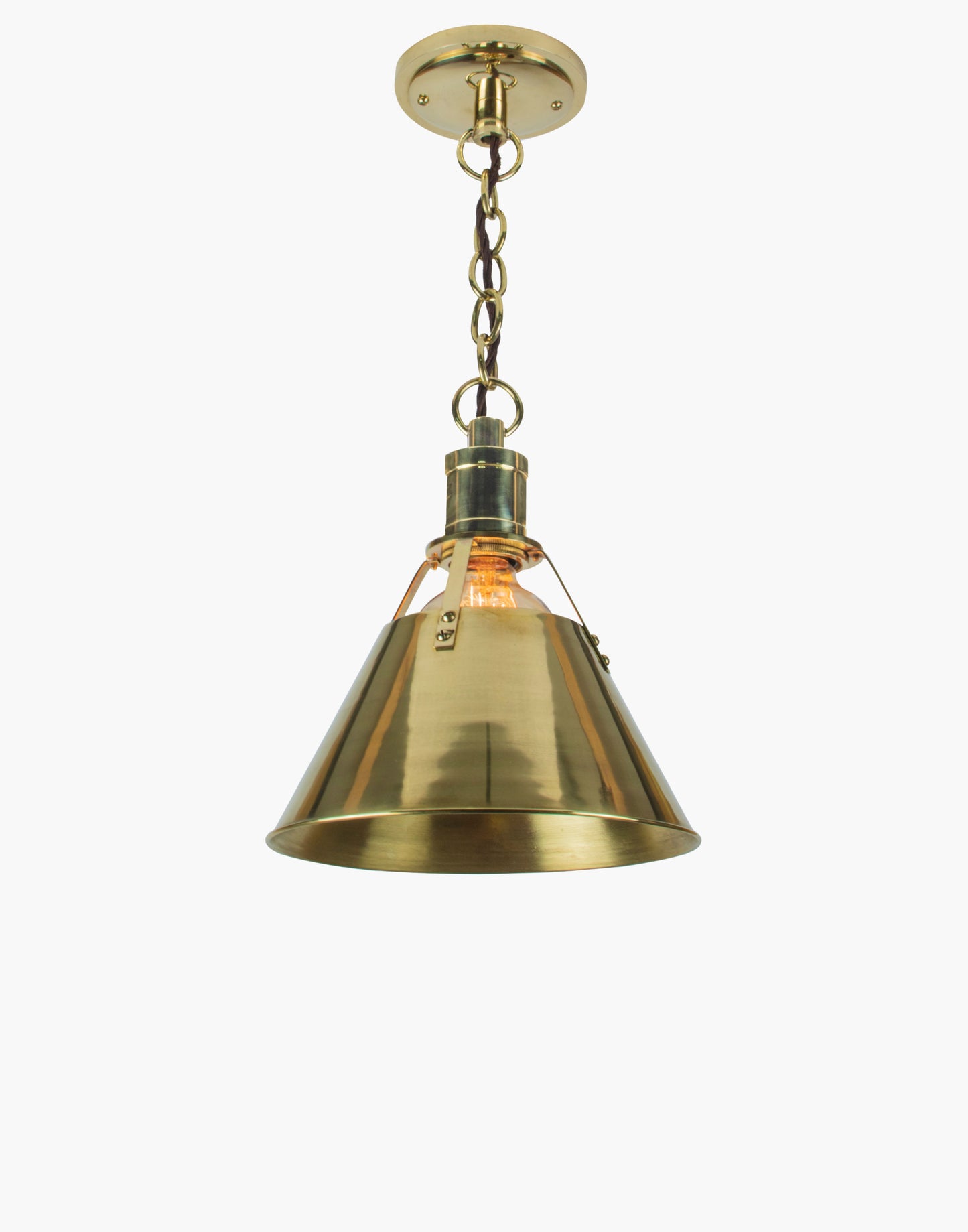 Brass pendant light with metal shade, nautical-industrial transitional design, ideal for kitchen island, countertop, or dining table lighting.