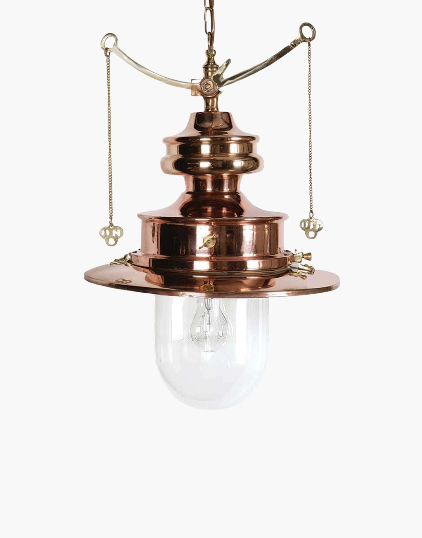 Pendant C1890 in solid copper with brass detail, replica railway station gas light with pull chains, available in clear or opal glass