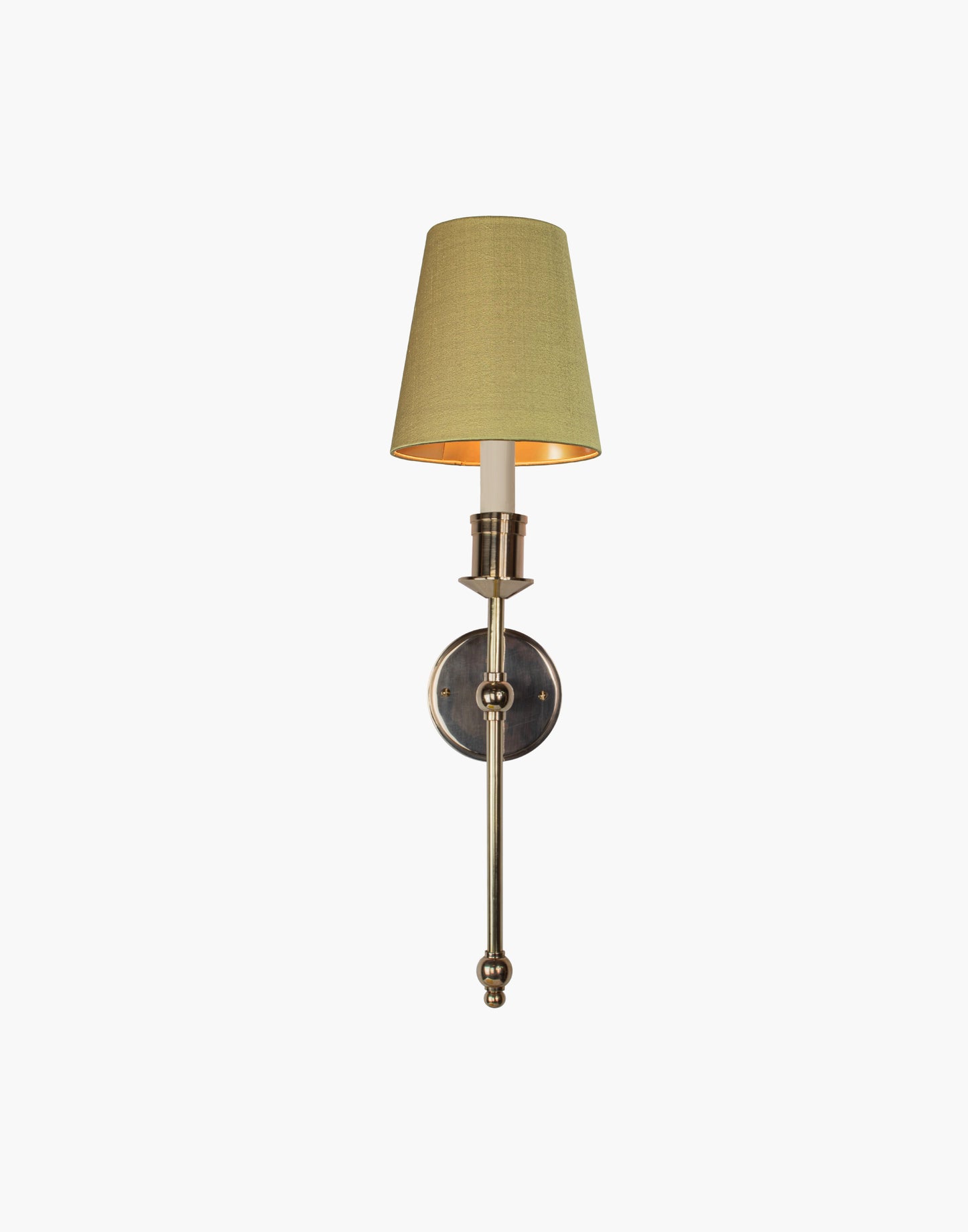 Tall Wall Sconce single arm in solid brass with optional D6 or D6G shade mounted on wall