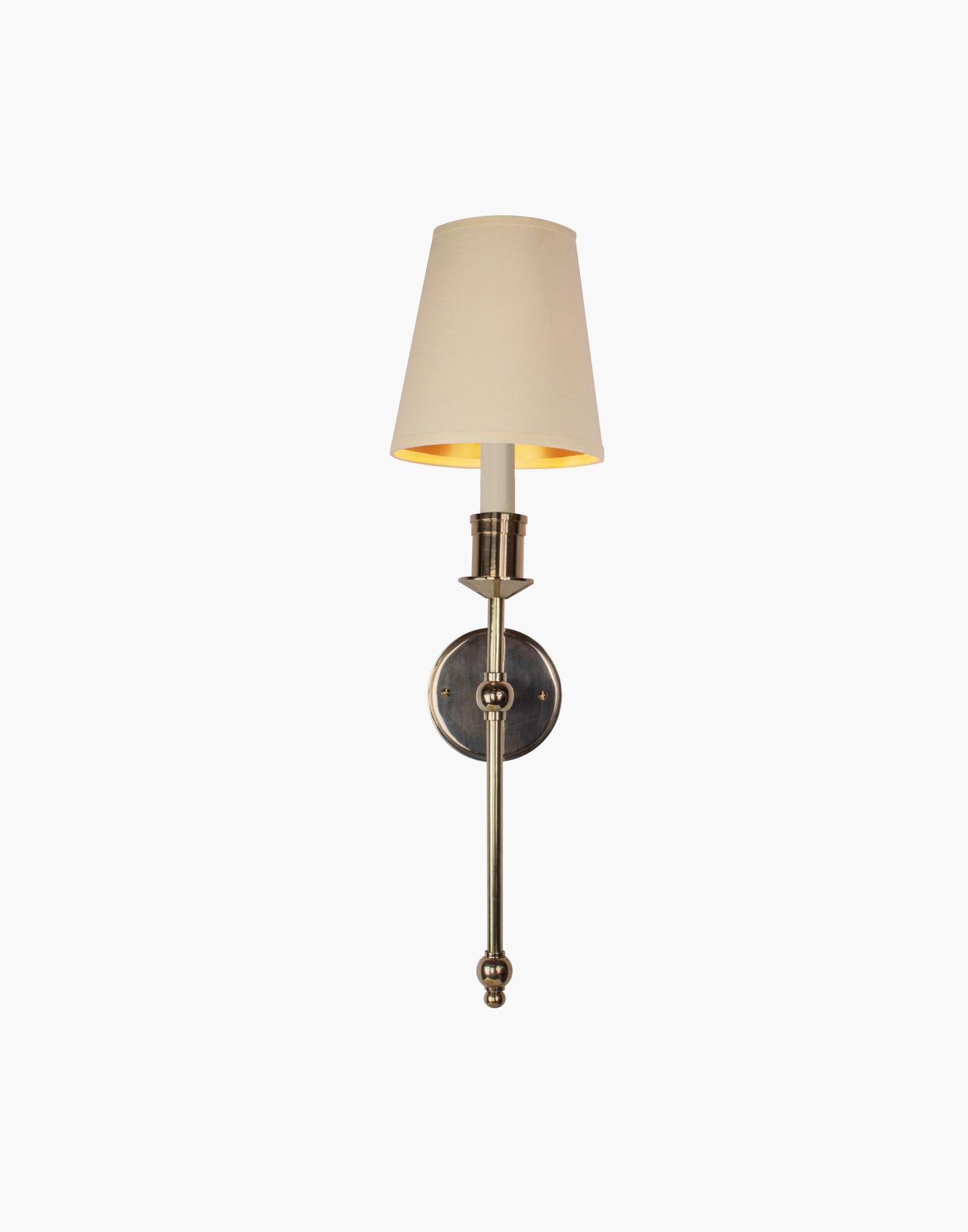 Tall Wall Sconce single arm in solid brass with optional D6 or D6G shade mounted on wall