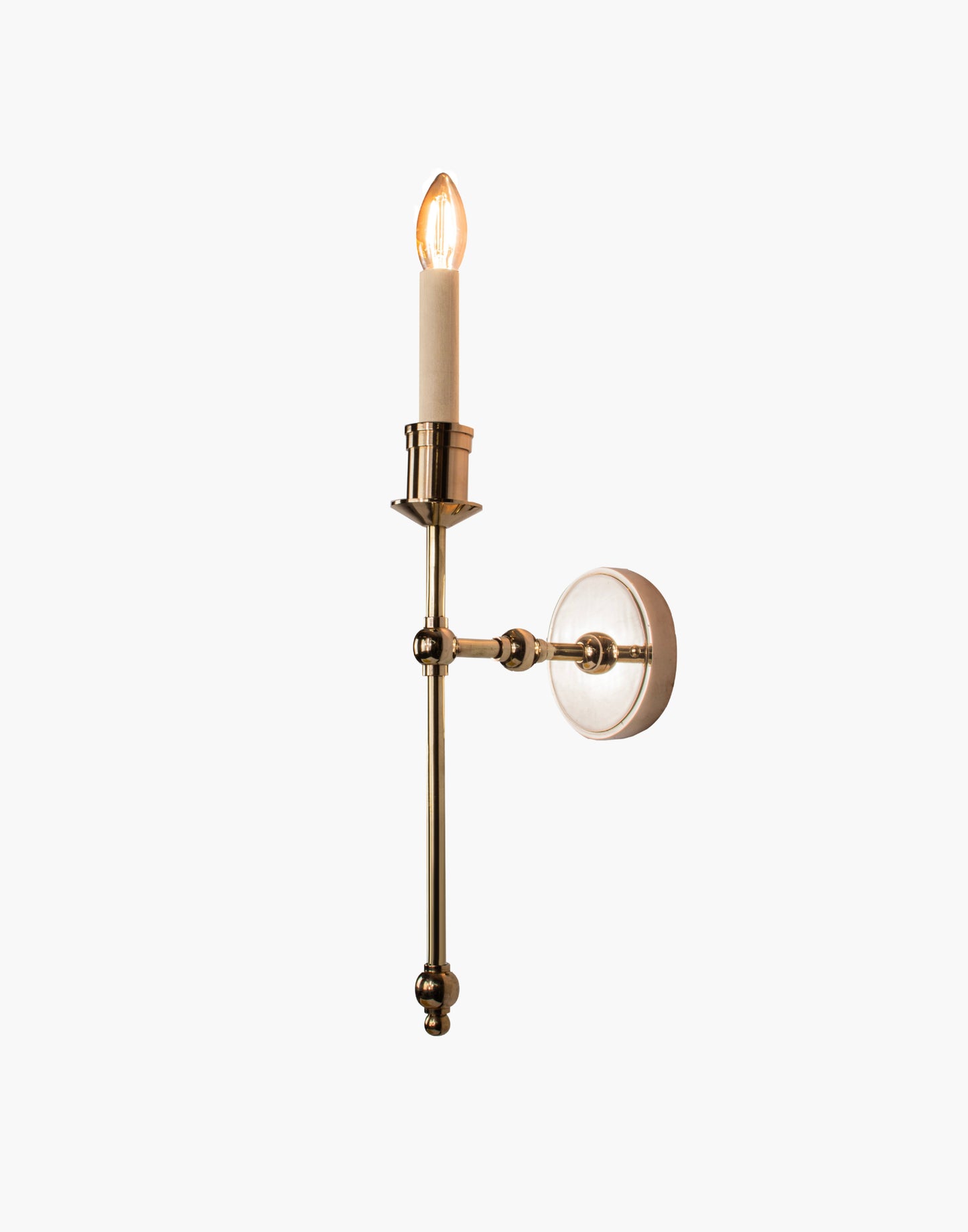 Tall Wall Sconce single arm in solid brass with optional D6 or D6G shade mounted on wall