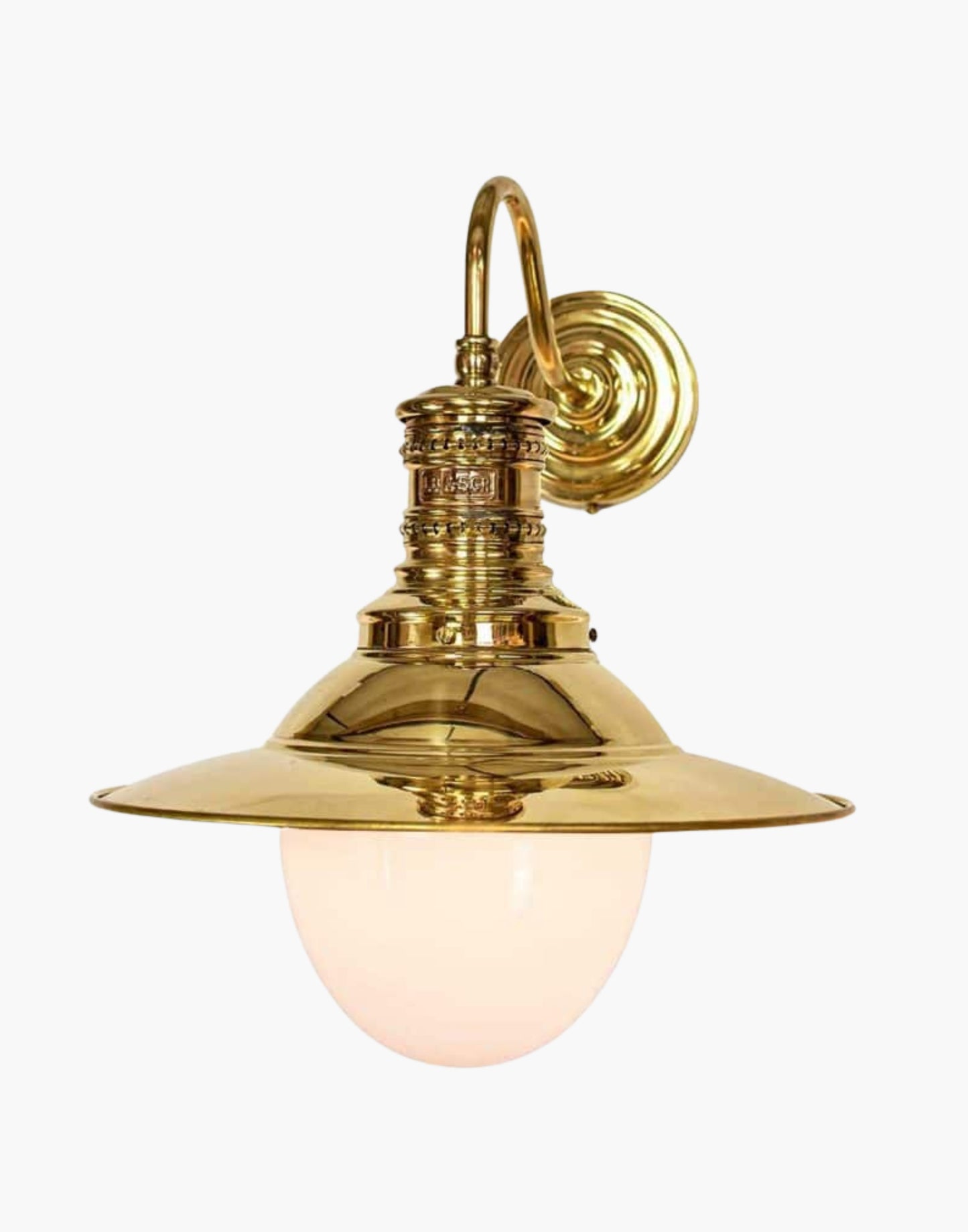 Wall lamp in solid brass with copper LBSCR label, replica railway station wall light from Victoria Station London, available in clear or opal glass.