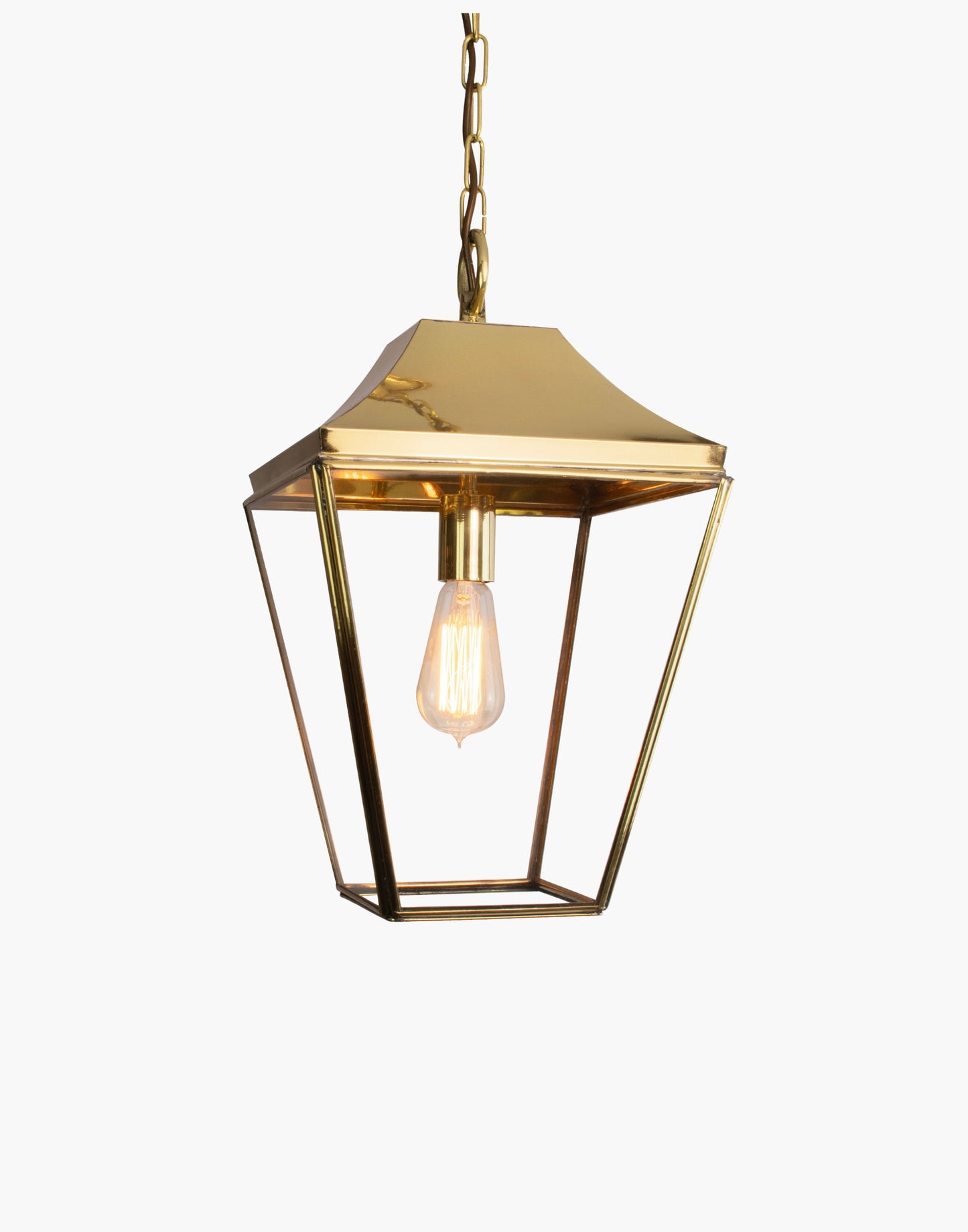 Pendant lantern in solid brass, traditional porch and hall hanging light with chain and canopy.