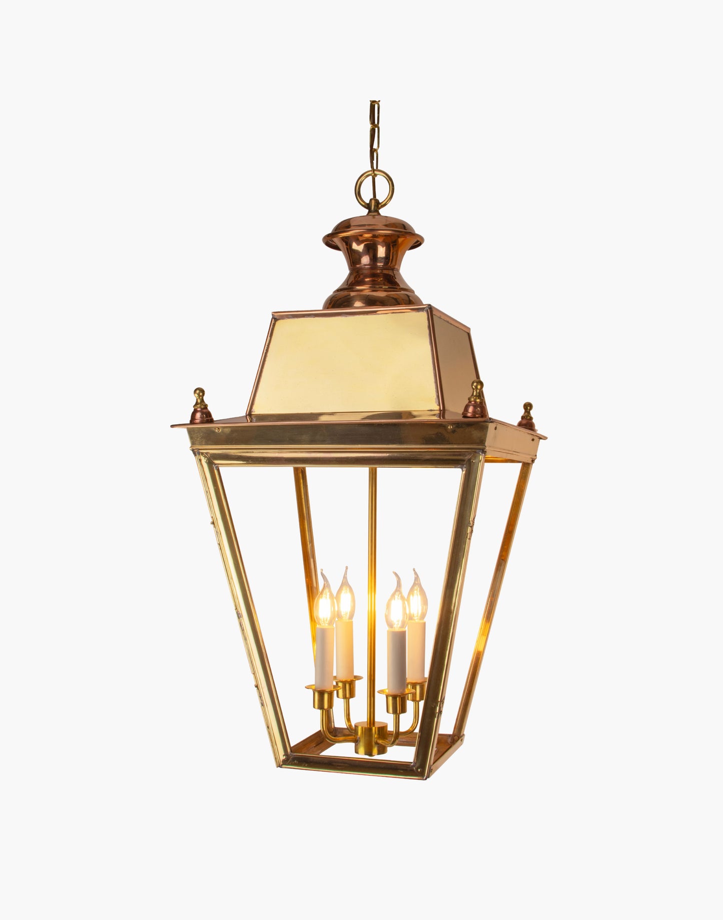 Extra Large hanging lantern with four-light cluster, handcrafted from brass and copper in a Victorian-style design.