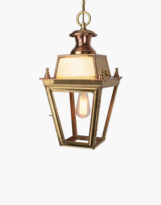Victorian-style hanging lantern handmade in solid brass and copper, crafted using traditional methods, ideal for period properties