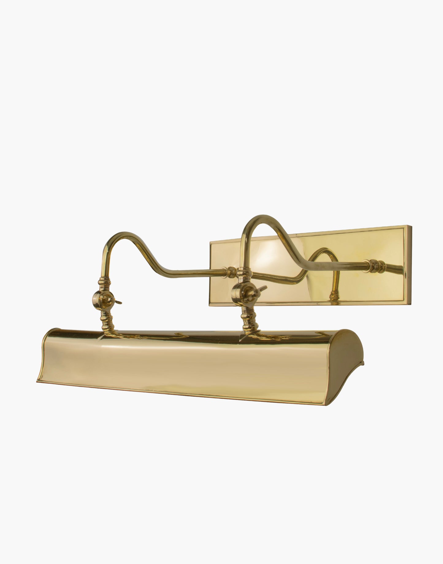 24″ trough picture light in solid brass with cast brass backplate and adjustable banjo joints, traditional handmade picture light