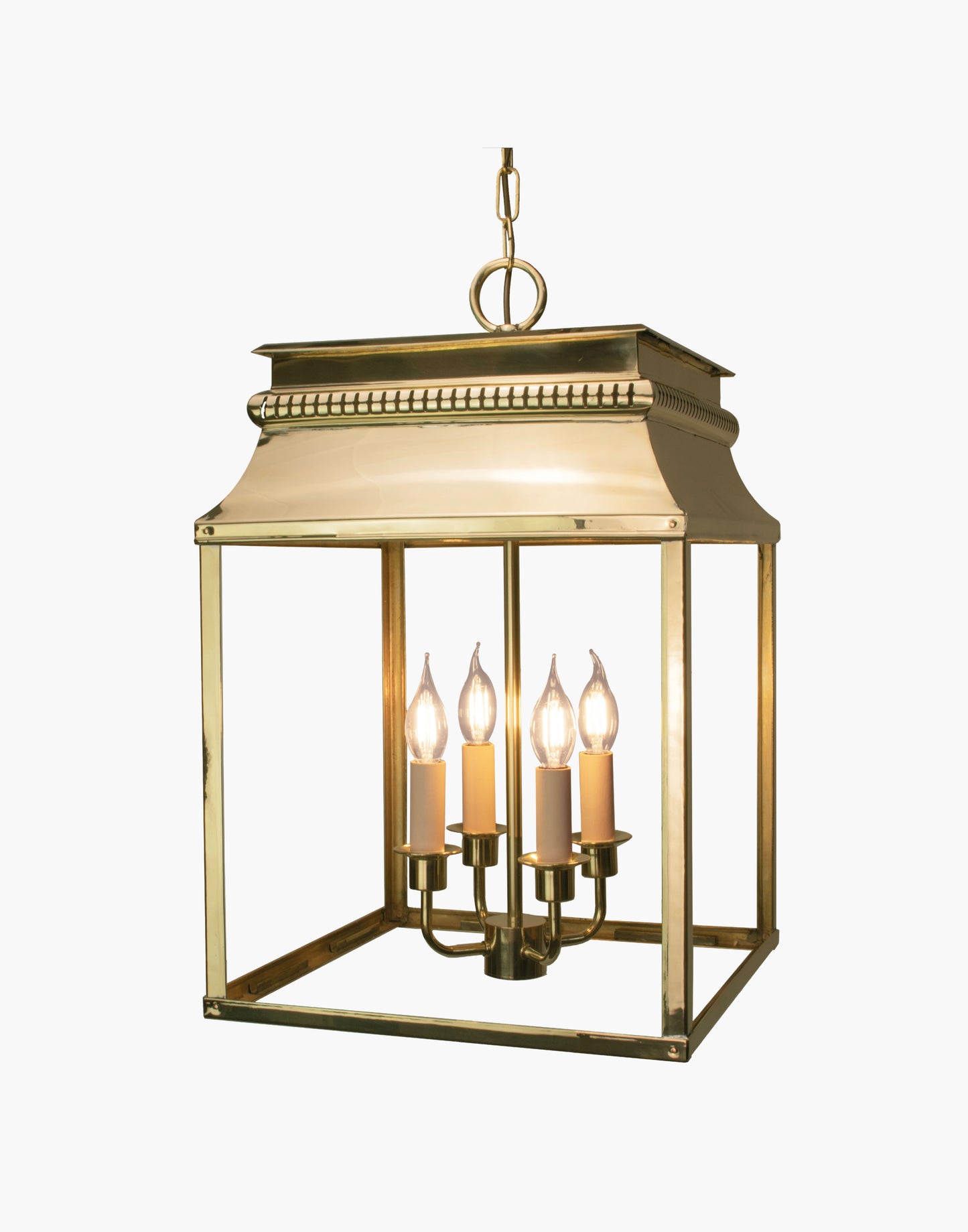 Hanging lantern in solid brass with French 19th-century–inspired fretwork, suspended ceiling lantern for interior or exterior use.