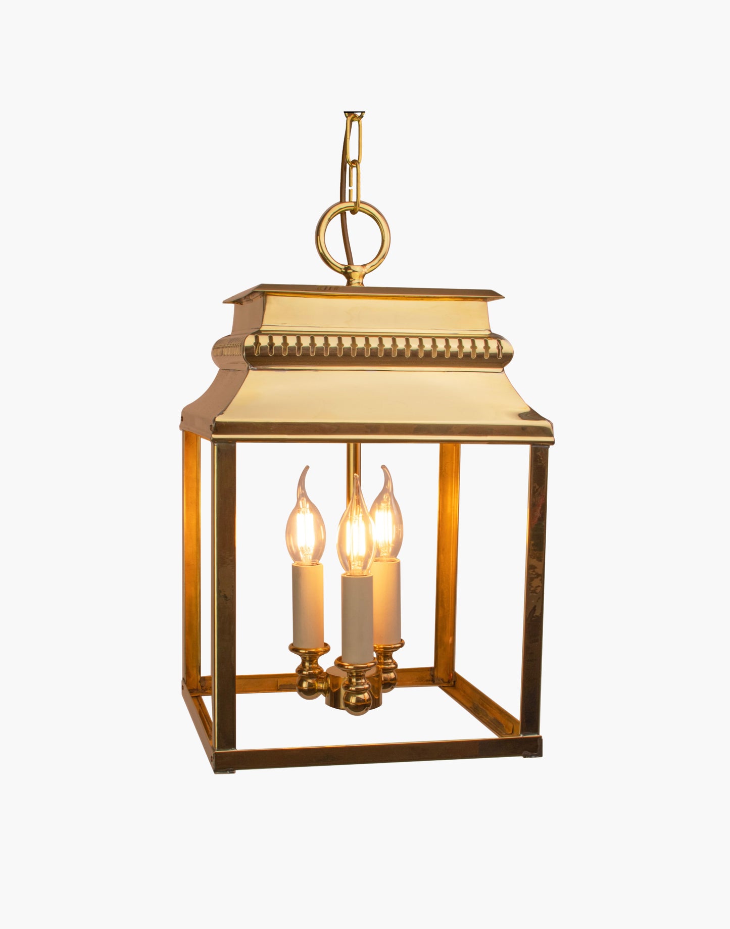 Hanging lantern in solid brass with French 19th-century–inspired fretwork, ceiling lantern for hallways or stairwells, suitable for interior or exterior use.