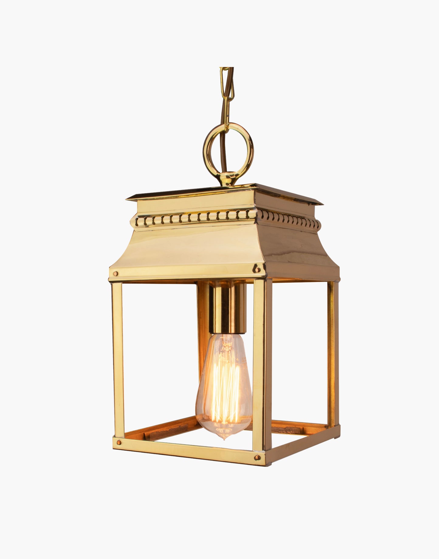 Bordeaux hanging lantern in solid brass with French 19th-century–inspired fretwork, ceiling lantern for hallways, stairwells, or over-counter lighting, suitable for interior or exterior use.