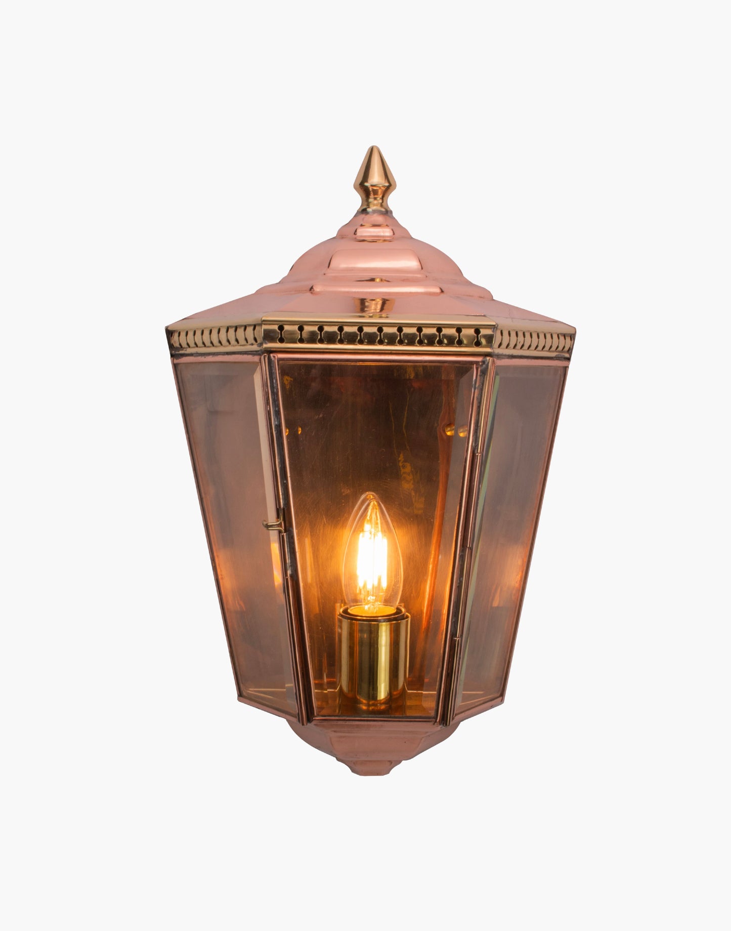 Passage Lamp in solid copper with pierced brass fretwork and beveled glass, Georgian-style flush wall lantern rated for wet locations.