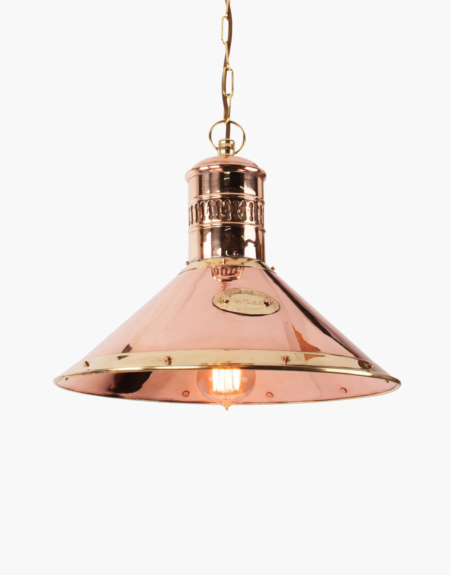 Deck lamp in solid copper with brass detailing and nameplate, suspended pendant light with chain, inspired by Cannock Mining Company design.