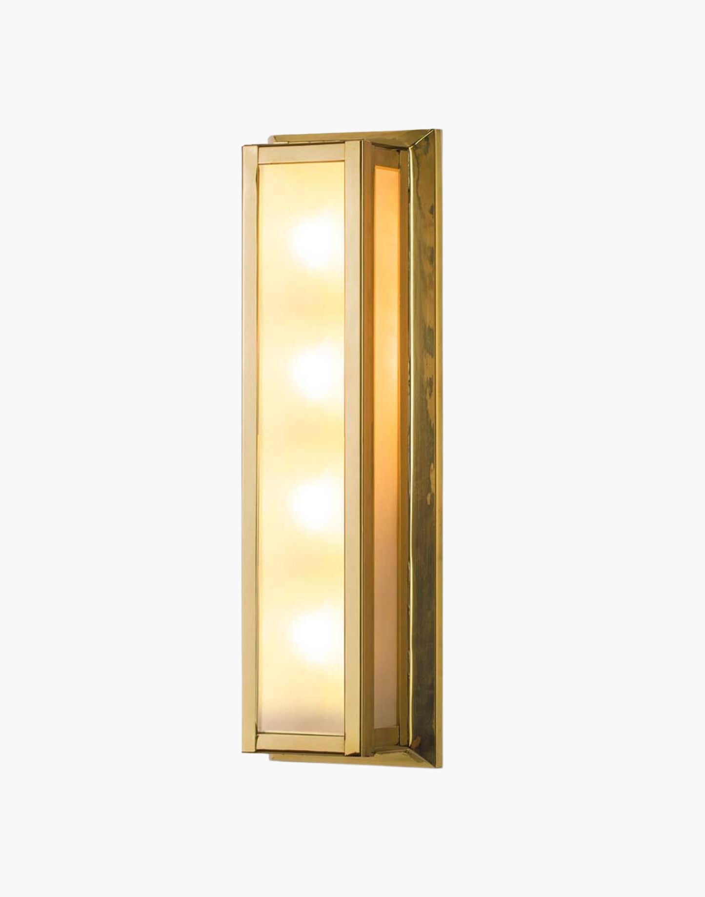 Light in solid brass with frosted glass, damp-rated wall or ceiling light for period or contemporary interiors.