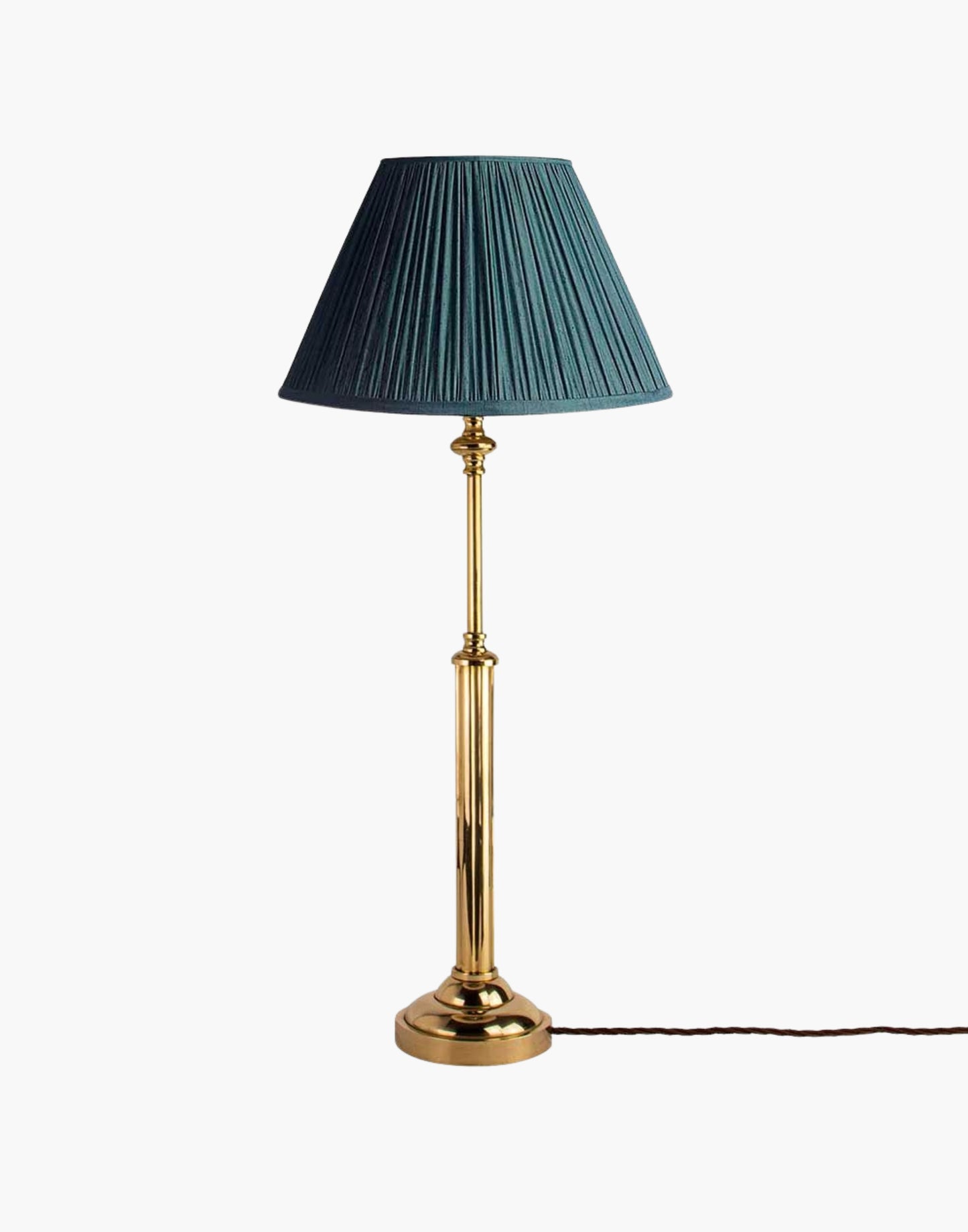 Brass table lamp with fluted stem and cast ball detail, colonial-style table lamp available with or without shade.