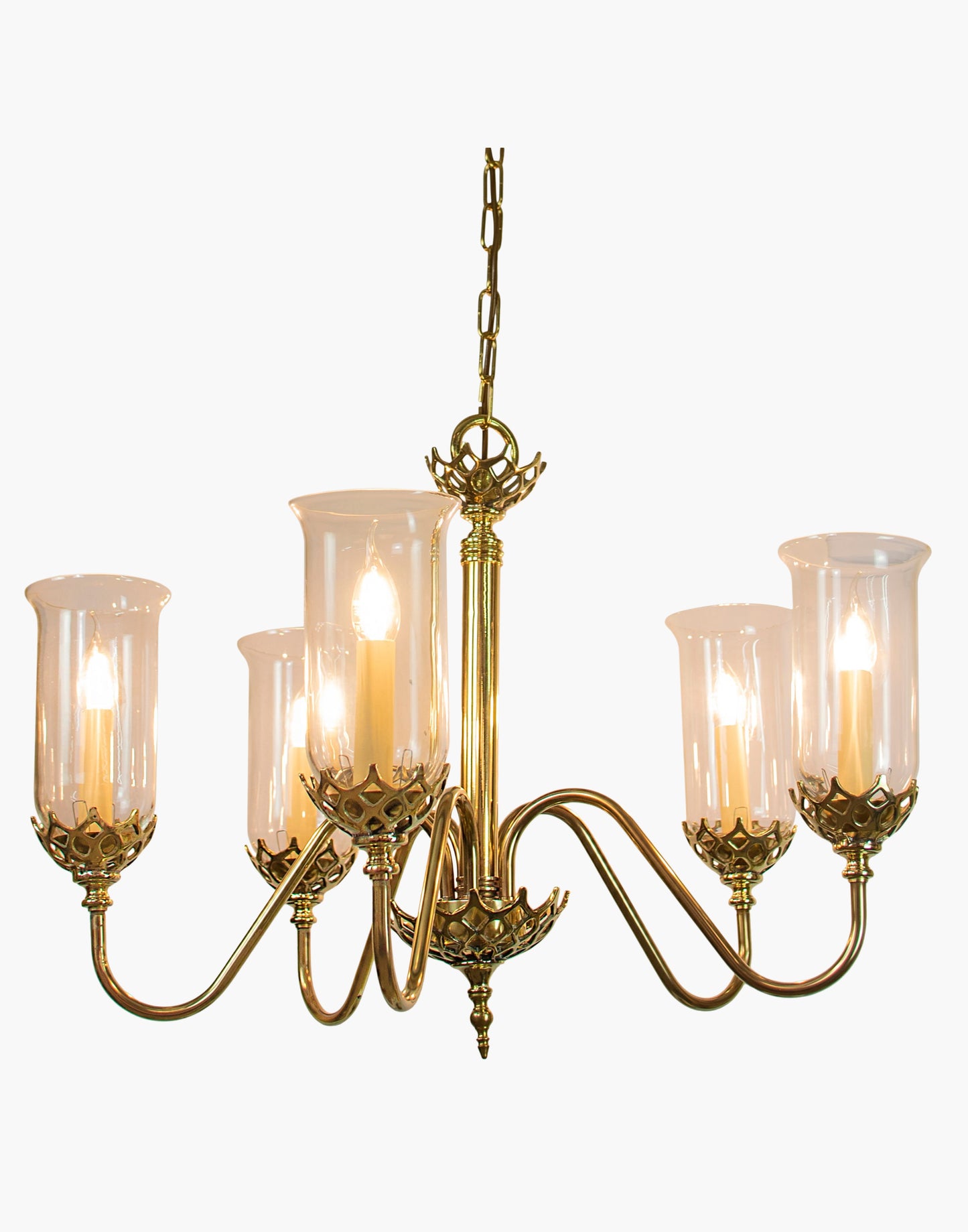 Five arm chandelier in cast brass with clear storm glasses, statement period ceiling light inspired by an 1800 Irish church original.