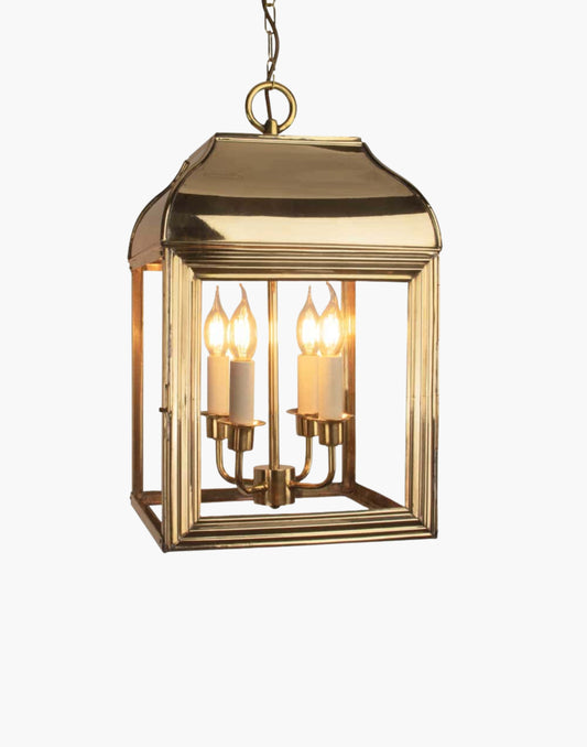 Hanging lantern in solid brass, mid-Victorian American colonial style pendant inspired by New York brownstone homes.