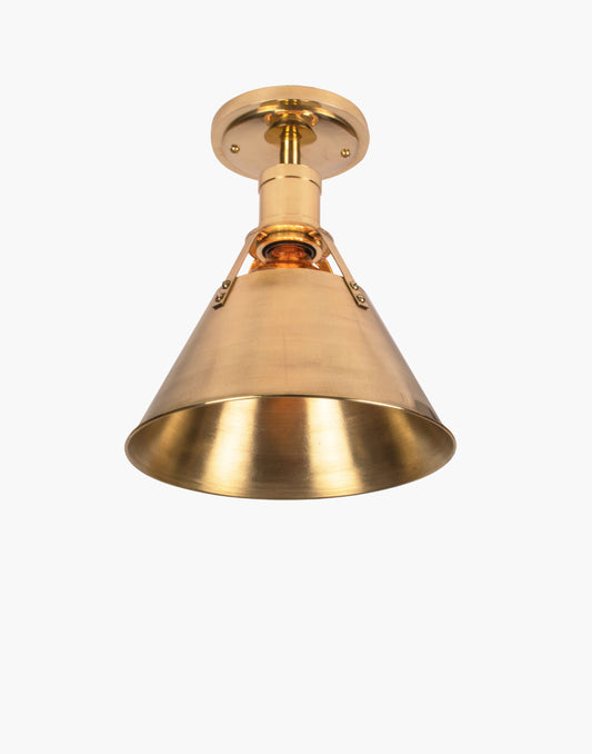 Brass pendant light with metal shade, nautical industrial transitional fixture for kitchen island, countertop, or dining table lighting.