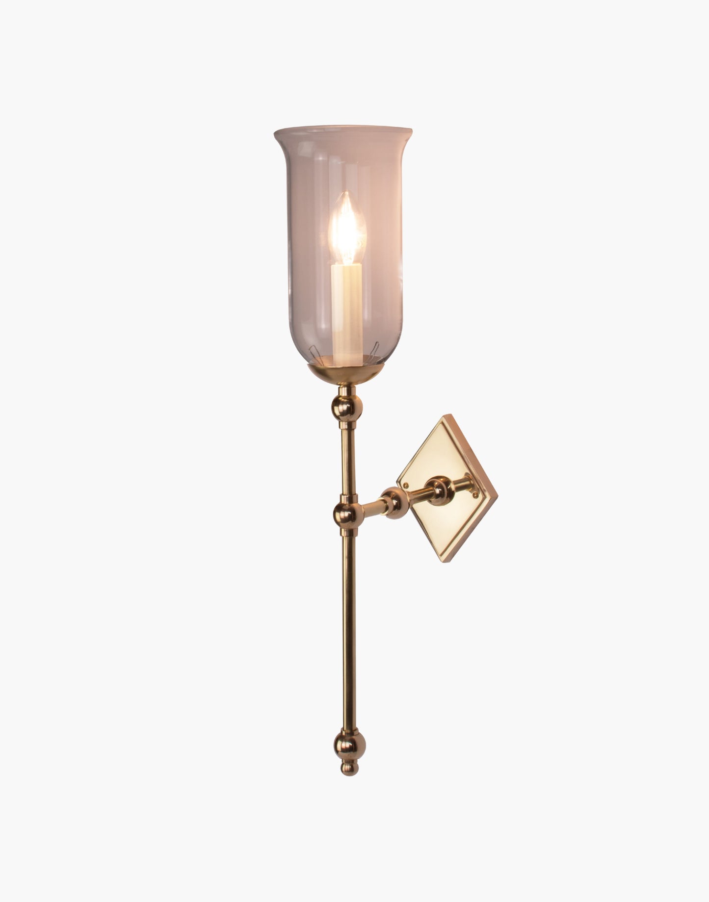Tall Storm Glass brass wall sconce with elongated profile and rustic glass shade, ideal for bathroom or interior lighting