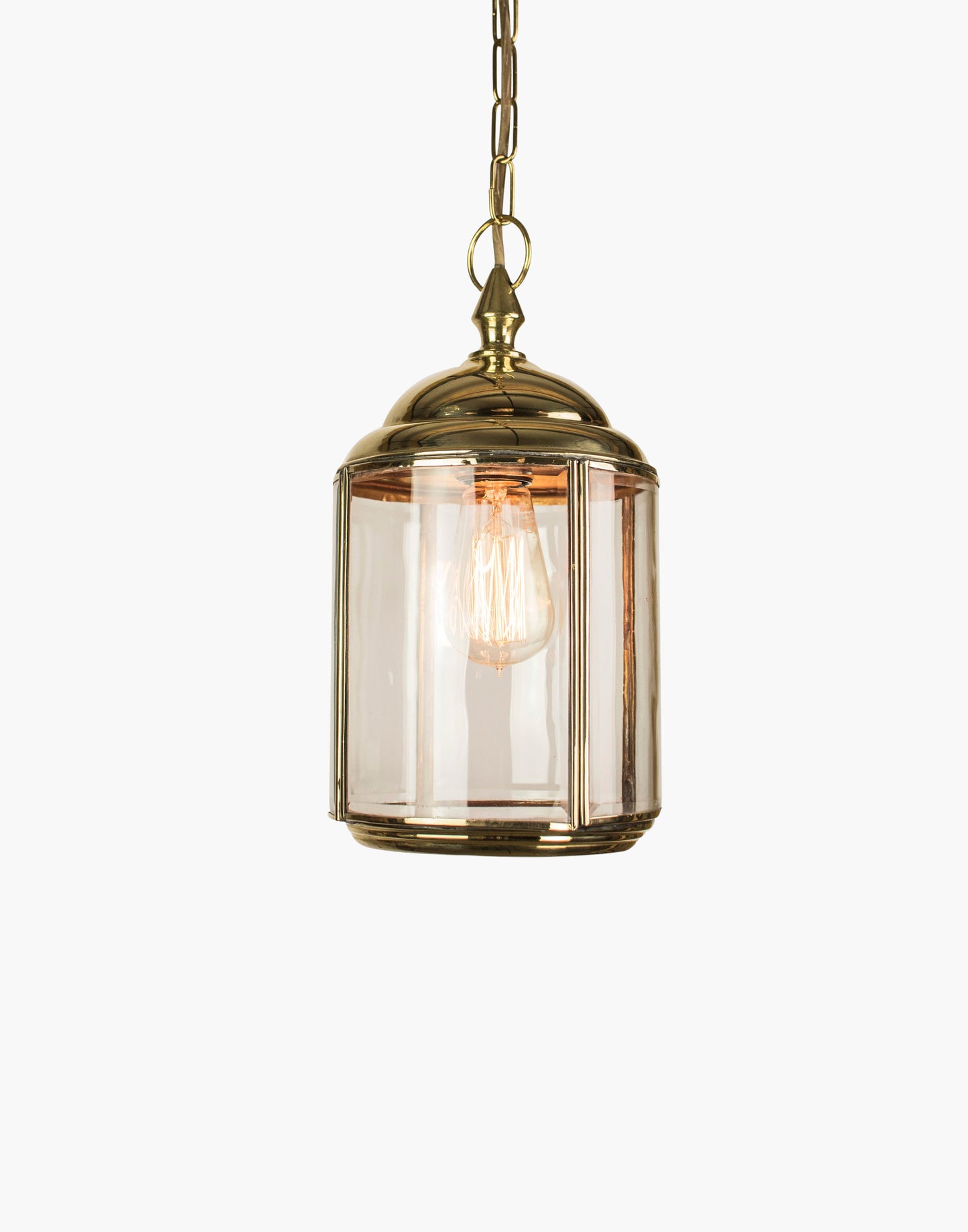 Solid brass pendant lantern with mouth-blown curved beveled glass, traditional porch hanging light with brass chain and ceiling rose.