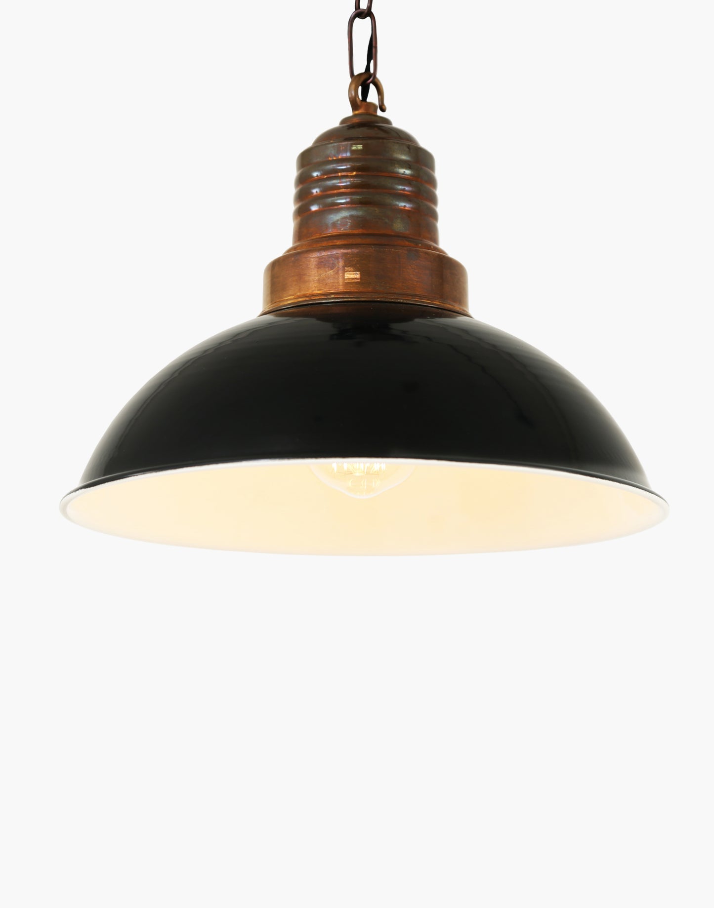 Yorke Industrial Factory Pendant Light brass and aluminum shade, enamel interior, adjustable chain, vintage kitchen and dining lighting fixture