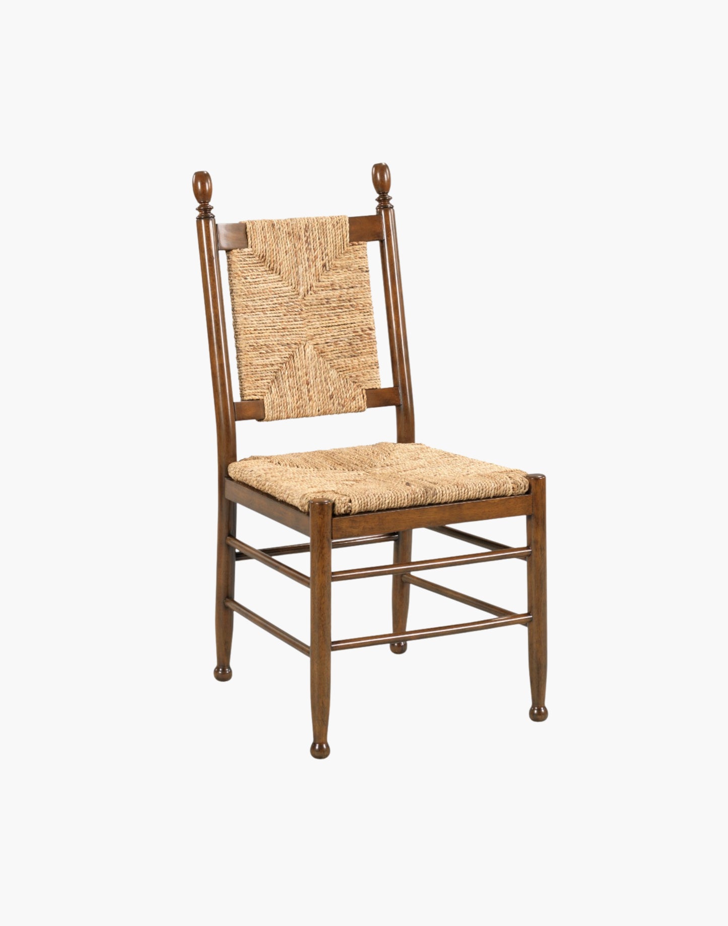 Side Chair with natural woven rush seat and back, turned finials, tapered turned legs, crafted from hardwood solids in Bordeaux finish, perfect for dining or accent seating.