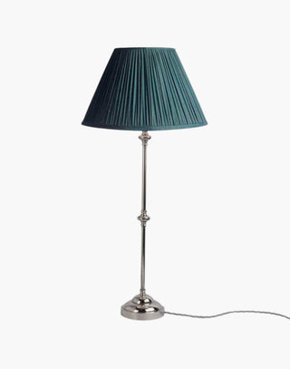 Nickel Finish with Blue Shade Provencal table lamps: simple, solid brass narrow lamps ideal for console or side tables.