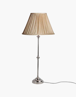 Nickel Finish with Natural Shade Provencal table lamps: simple, solid brass narrow lamps ideal for console or side tables.