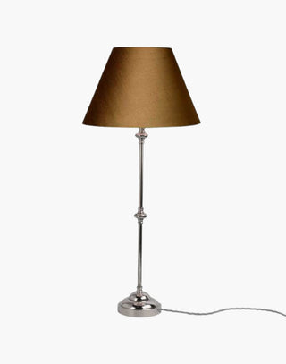 Nickel Finish with Taupe Shade Provencal table lamps: simple, solid brass narrow lamps ideal for console or side tables.