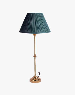 Polished Lacquered Finish with Blue Shade Provencal table lamps: simple, solid brass narrow lamps ideal for console or side tables.
