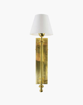 Polished Lacquered Finish with White Shade Provencal wall lights: Elegant cast brass fixtures inspired by 19th-century French design. Customizable shades available.