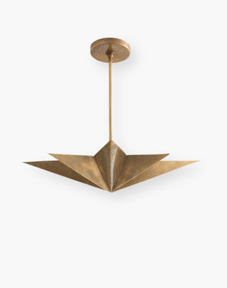 Solid Brass star-shaped pendant with a warm antique finish with four lights that reflect off the canopy.