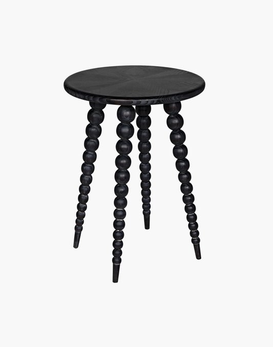 Decorative accent table with graduated sphere legs and graphic black wood finish