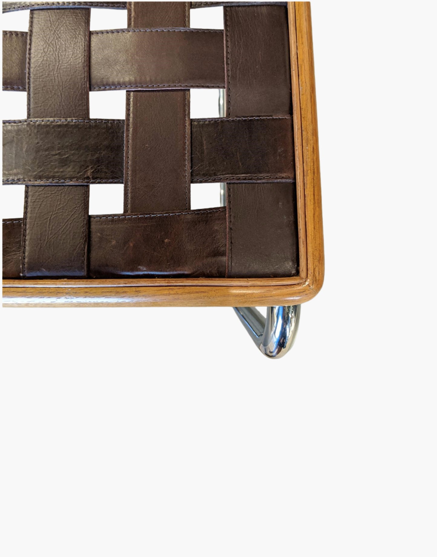 Renewal Bar Stool with oak frame, woven brown leather seat and back, and tubular steel cantilever frame