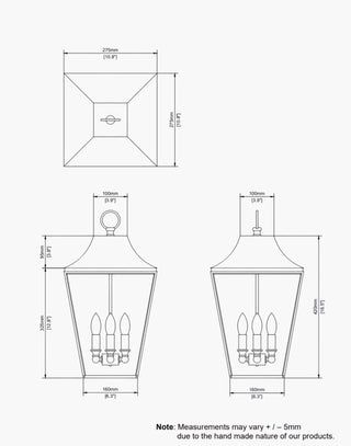 SPEC sheet for the Knightsbridge Pendant (Medium) with 3-light cluster, handmade in solid brass. Elegant porch and hall lantern, ideal for traditional home lighting. Includes 19.5″ chain and ceiling canopy. Perfect for classic and timeless interiors.