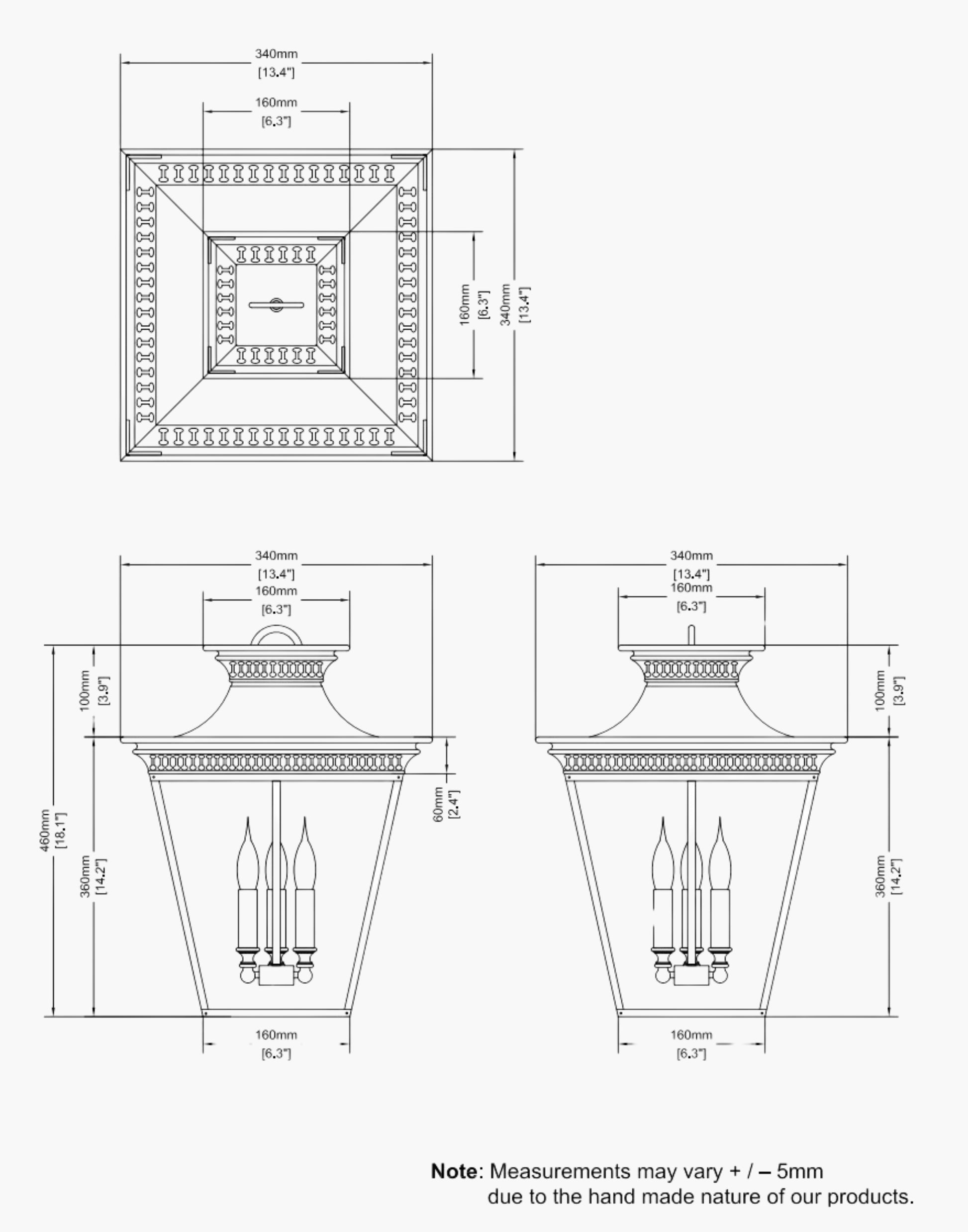 SPEC for Medium Pagoda Pendant in solid brass with pierced fretwork and a Pagoda-style roof. Inspired by Georgian Colonial and Far Eastern design, perfect for hallways and stairwells. Includes 500mm chain and ceiling canopy.