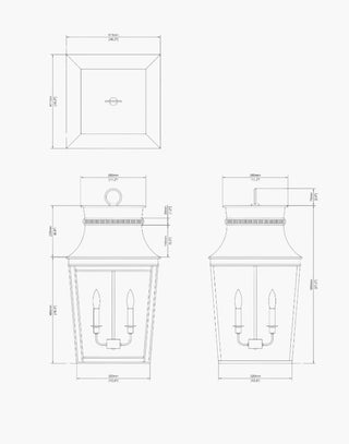 SPEC for the Extra-large Parisienne Hanging Lantern in solid brass with intricate fretwork, inspired by classic French architecture. Perfect for entrance porches and grand hallways. Includes 19.5″ chain and ceiling plate, with extra chain available.