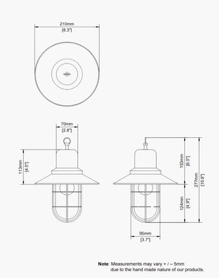 SPEC for Wheelhouse Nautical Pendant in solid brass with clear glass. Inspired by ship lights from 1910, perfect for nautical-themed interiors.