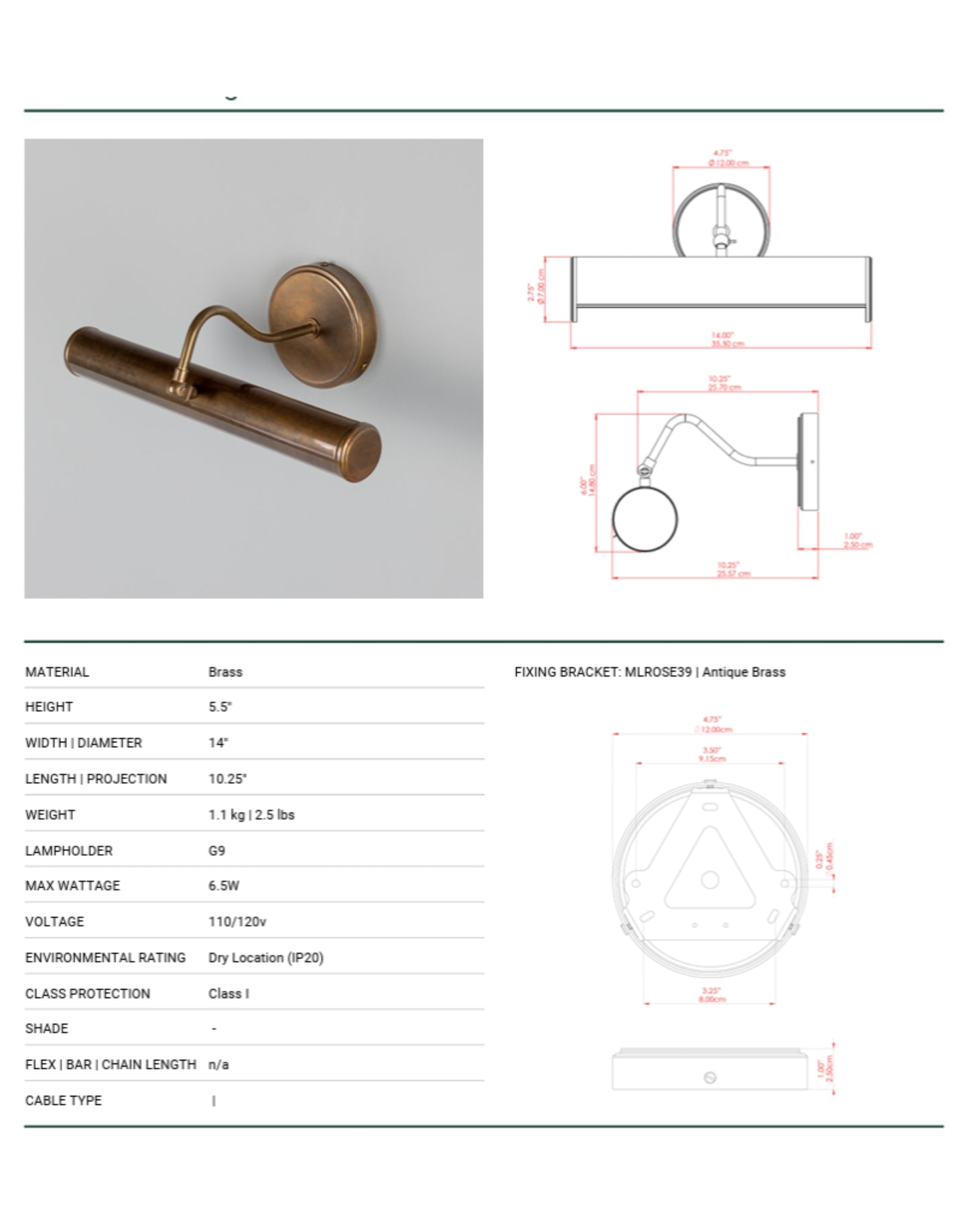 SPEC Sheet for Solid brass picture light with curved arm and cylindrical shade, adjustable wall-mounted art lighting in aged brass finish