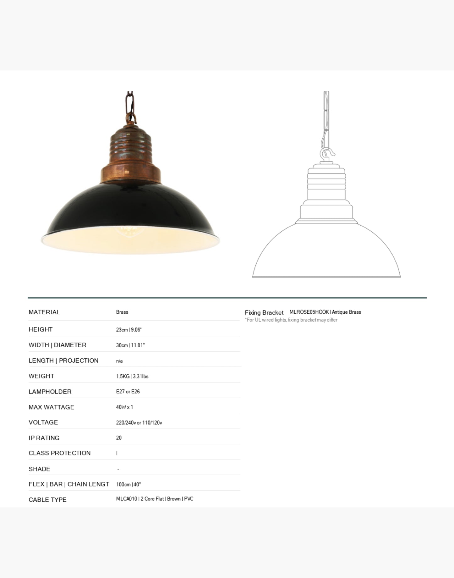 SPEC sheet for the Yorke Industrial Factory Pendant Light brass and aluminum shade, enamel interior, adjustable chain, vintage kitchen and dining lighting fixture